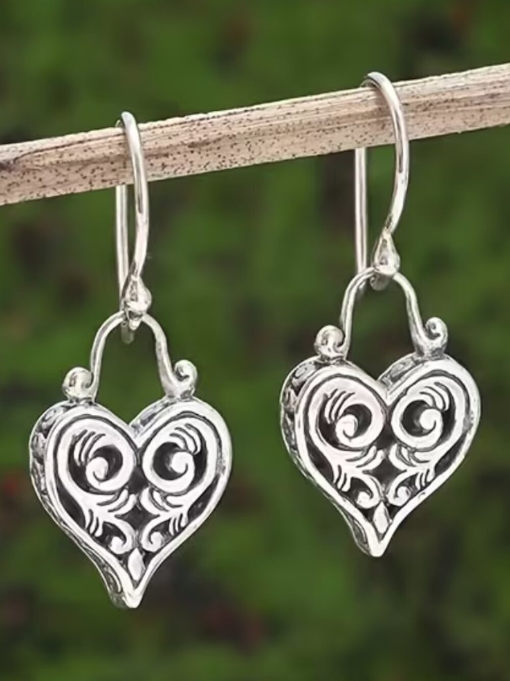 Art Deco Inspired Earrings Silver Heart Shape Filigree Pendant w/Scrolled Design
